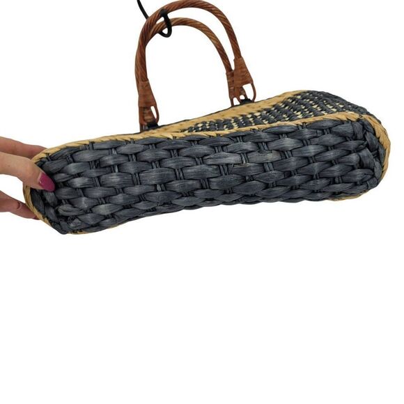 The Sak Woven Straw Rattan Basket Tote Bag Black Neutral Checkered Top Handle - Picture 7 of 8